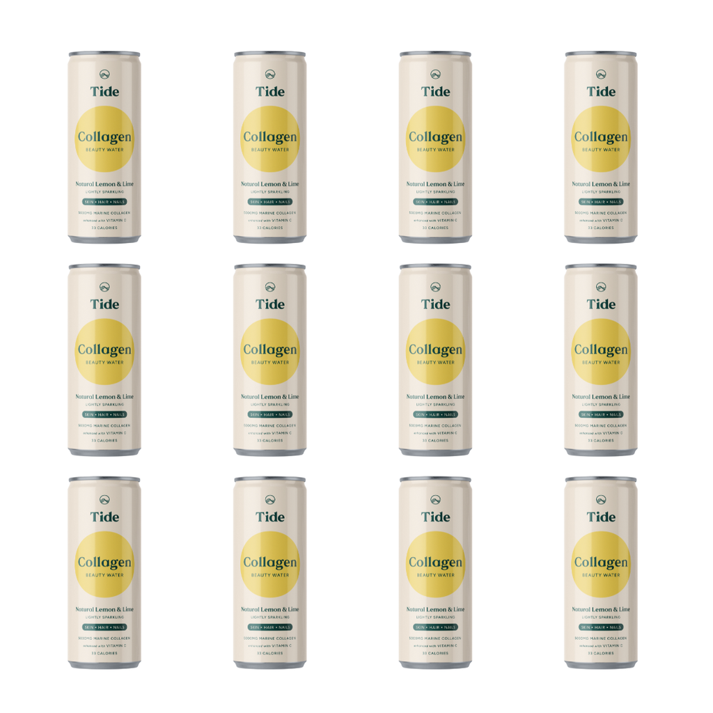Twelve cans of Tide Collagen drink arranged in a 3x4 grid on a plain white background. Each can is off-white with a yellow circular label and dark green text, including the Tide and Collagen branding.