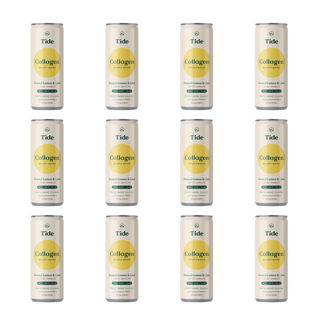 Twelve cans of Tide Collagen drink arranged in a 3x4 grid on a plain white background. Each can is off-white with a yellow circular label and dark green text, including the Tide and Collagen branding.