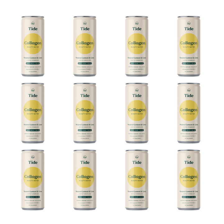 Twelve cans of Tide Collagen drink arranged in a 3x4 grid on a plain white background. Each can is off-white with a yellow circular label and dark green text, including the Tide and Collagen branding.