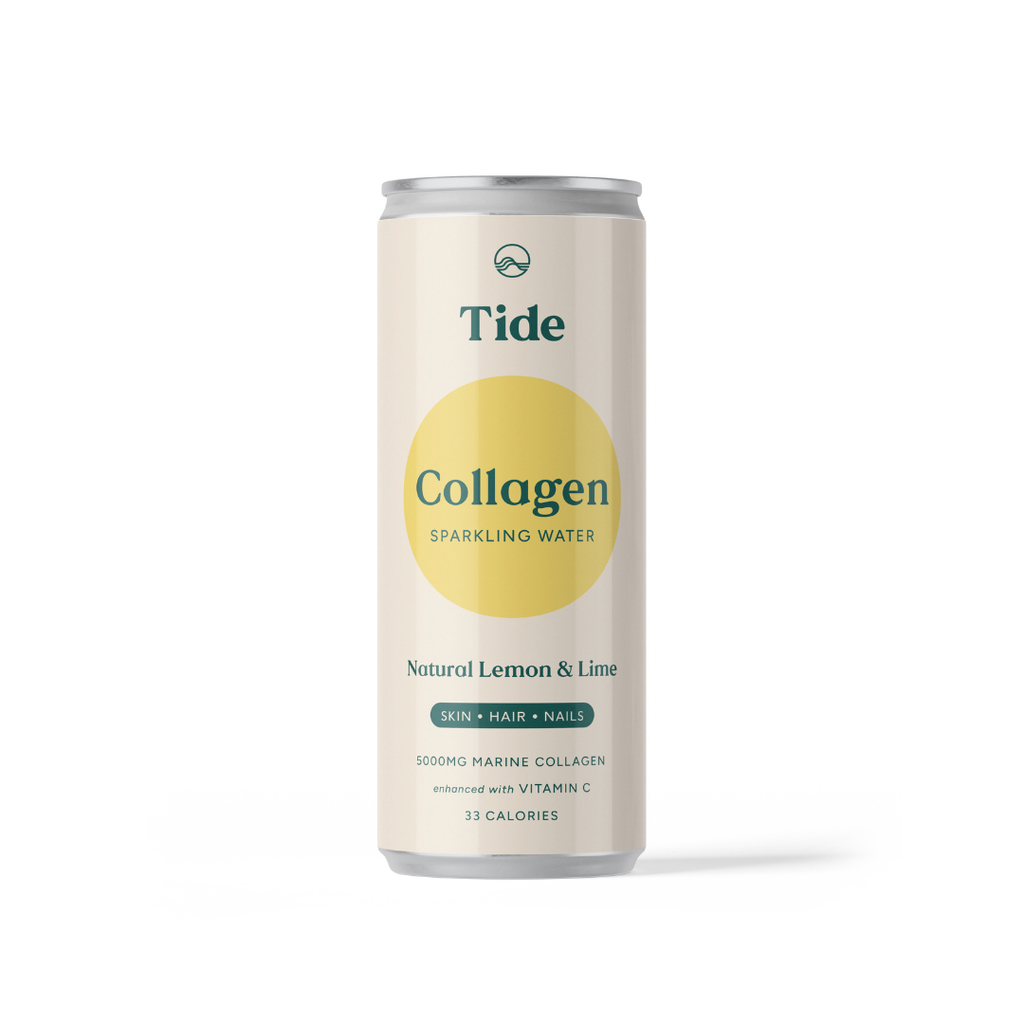 A single can of Tide Collagen Sparkling Water in Natural Lemon & Lime flavor, shown on a clean white background with a soft shadow.