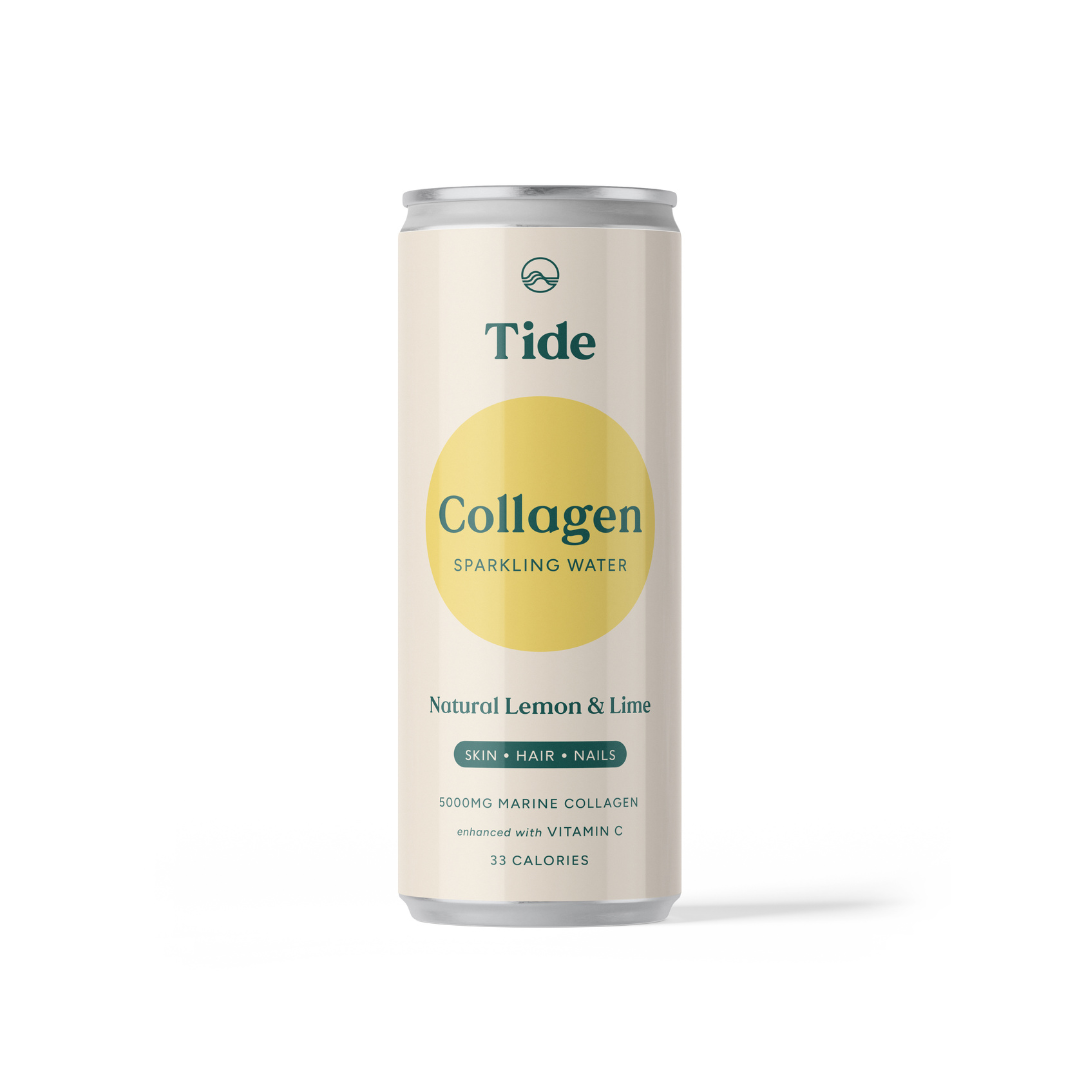 A single can of Tide Collagen Sparkling Water in Natural Lemon & Lime flavor, shown on a clean white background with a soft shadow.