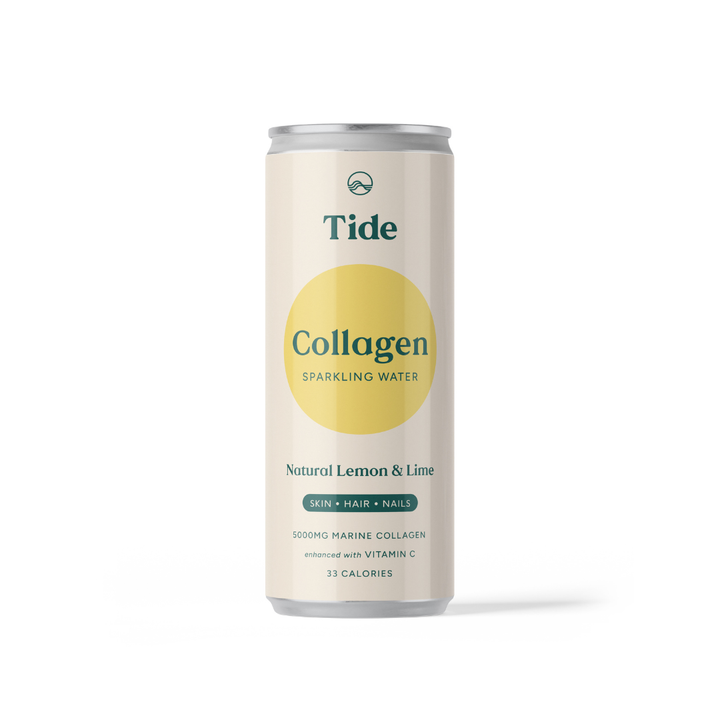 A single can of Tide Collagen Sparkling Water in Natural Lemon & Lime flavor, shown on a clean white background with a soft shadow.