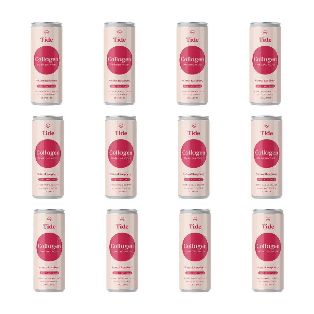 Twelve slim aluminum cans of Tide Collagen drink arranged in a 3x4 grid on a plain white background. Each can has a pale blush-pink body with a large circular magenta label and the Tide and Collagen branding visible.
