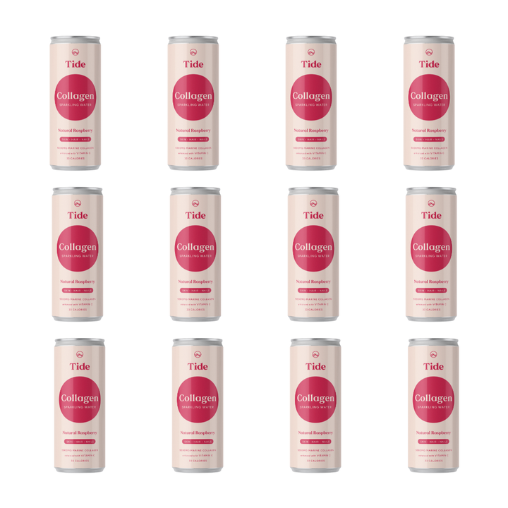Twelve slim aluminum cans of Tide Collagen drink arranged in a 3x4 grid on a plain white background. Each can has a pale blush-pink body with a large circular magenta label and the Tide and Collagen branding visible.