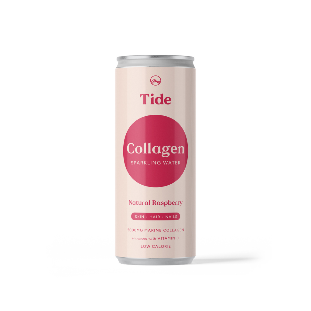A single can of Tide Collagen Sparkling Water in Natural Raspberry flavor, shown on a clean white background. The can features a pale pink body with a prominent magenta-pink circular logo and silver metallic top and bottom rims.