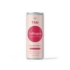 A single can of Tide Collagen Sparkling Water in Natural Raspberry flavor, shown on a clean white background. The can features a pale pink body with a prominent magenta-pink circular logo and silver metallic top and bottom rims.