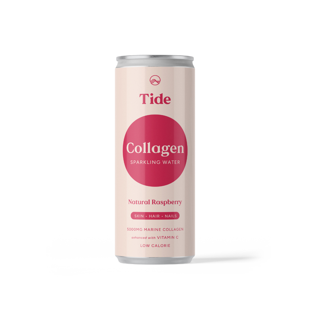 A single can of Tide Collagen Sparkling Water in Natural Raspberry flavor, shown on a clean white background. The can features a pale pink body with a prominent magenta-pink circular logo and silver metallic top and bottom rims.