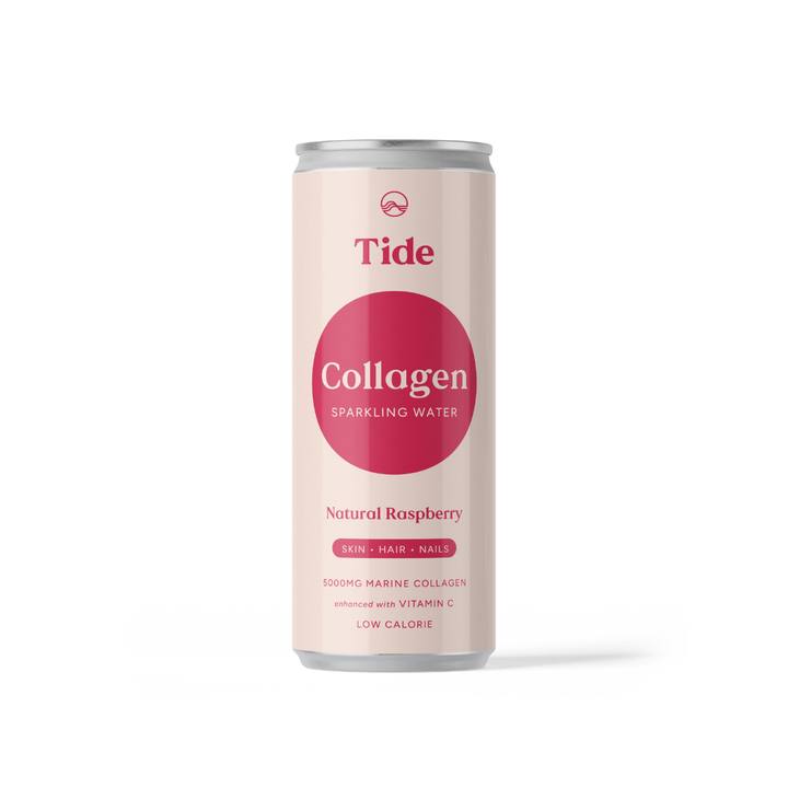 A single can of Tide Collagen Sparkling Water in Natural Raspberry flavor, shown on a clean white background. The can features a pale pink body with a prominent magenta-pink circular logo and silver metallic top and bottom rims.