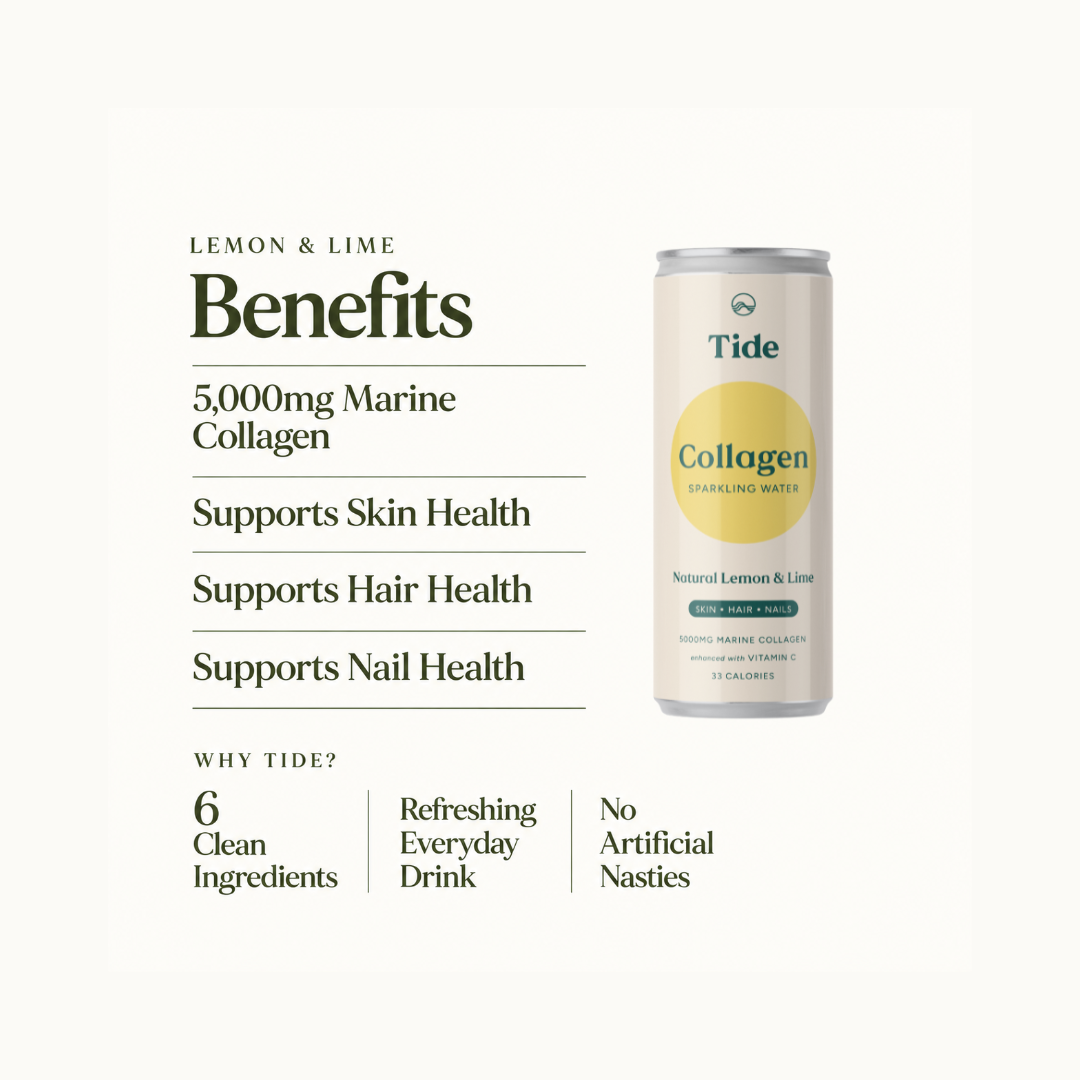 A can of Tide Collagen Sparkling Water in Natural Lemon & Lime is shown on a light cream background next to text detailing its benefits, including 5,000mg Marine Collagen and support for skin, hair, and nail health.