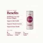 A can of Tide Collagen sparkling water in Natural Morello Cherry flavor is shown on a light cream background with text detailing its benefits, including 10,000mg grass-fed bovine collagen and support for skin, muscle, and bone health.