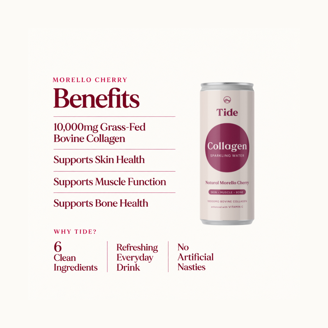 A can of Tide Collagen sparkling water in Natural Morello Cherry flavor is shown on a light cream background with text detailing its benefits, including 10,000mg grass-fed bovine collagen and support for skin, muscle, and bone health.
